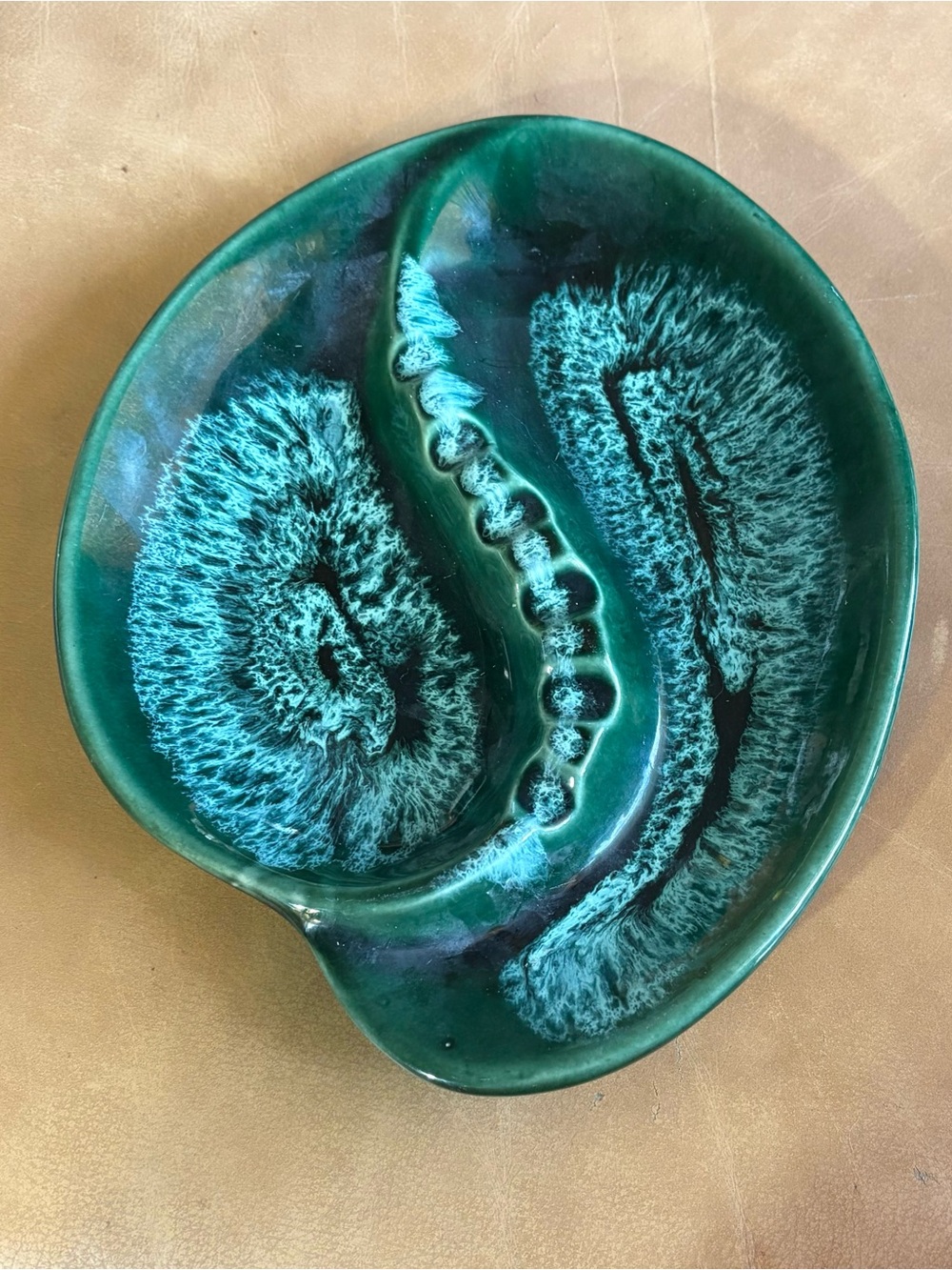 Vintage mid century large teal ashtray, made in America.